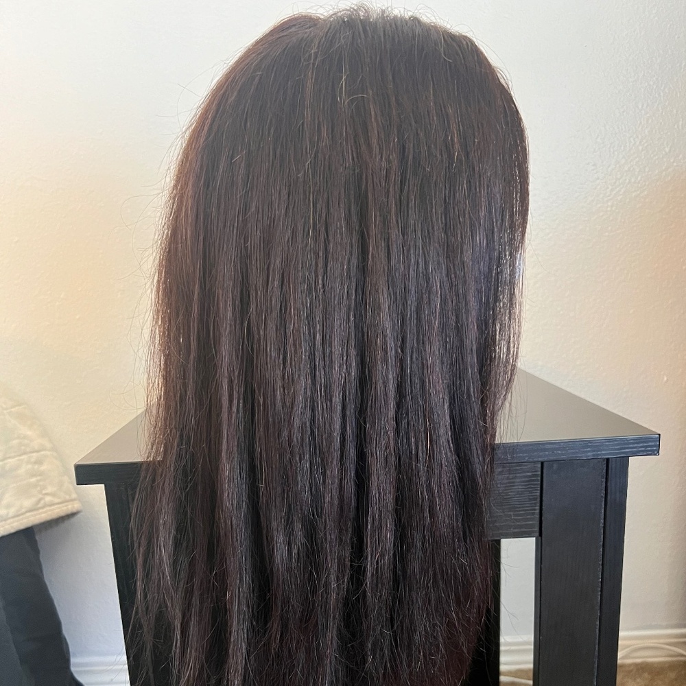 Dark Brown with warm tones,Remy Human Hair, 23” long, Strong HD lace, very soft